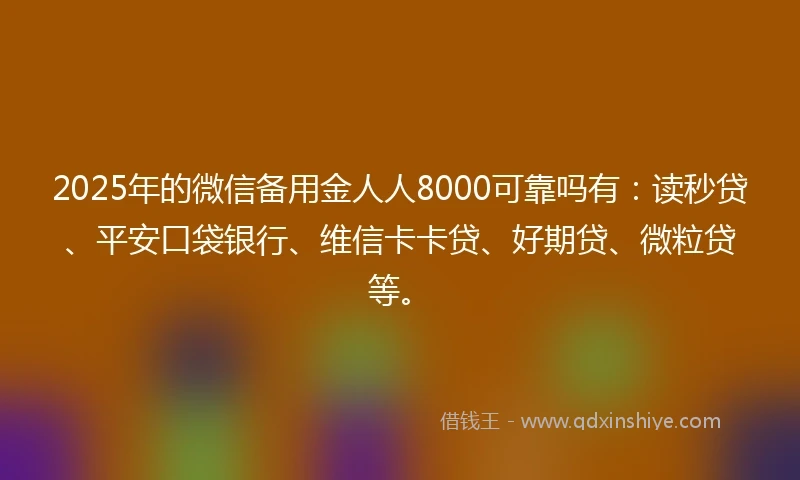 2025年的微信备用金人人8000可靠吗有:读秒贷、平安口袋银行、维信卡卡贷、好期贷、微粒贷等。