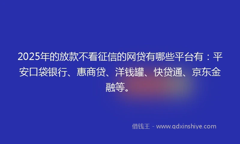 2025年的放款不看征信的网贷有哪些平台有:平安口袋银行、惠商贷、洋钱罐、快贷通、京东金融等。