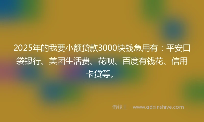 2025年的我要小额贷款3000块钱急用有：平安口袋银行、美团生活费、花呗、百度有钱花、信用卡贷等。