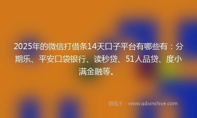 2025年的微信打借条14天口子平台有哪些有：分期乐、平安口袋银行、读秒贷、51人品贷、度小满金融等。