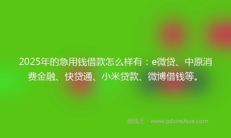 2025年的急用钱借款怎么样有:e微贷、中原消费金融、快贷通、小米贷款、微博借钱等。