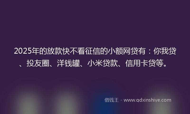 2025年的放款快不看征信的小额网贷有：你我贷、投友圈、洋钱罐、小米贷款、信用卡贷等。