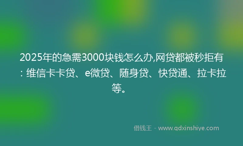 2025年的急需3000块钱怎么办,网贷都被秒拒有：维信卡卡贷、e微贷、随身贷、快贷通、拉卡拉等。