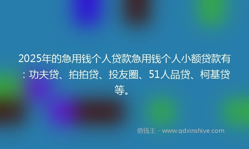 2025年的急用钱个人贷款急用钱个人小额贷款有：功夫贷、拍拍贷、投友圈、51人品贷、柯基贷等。
