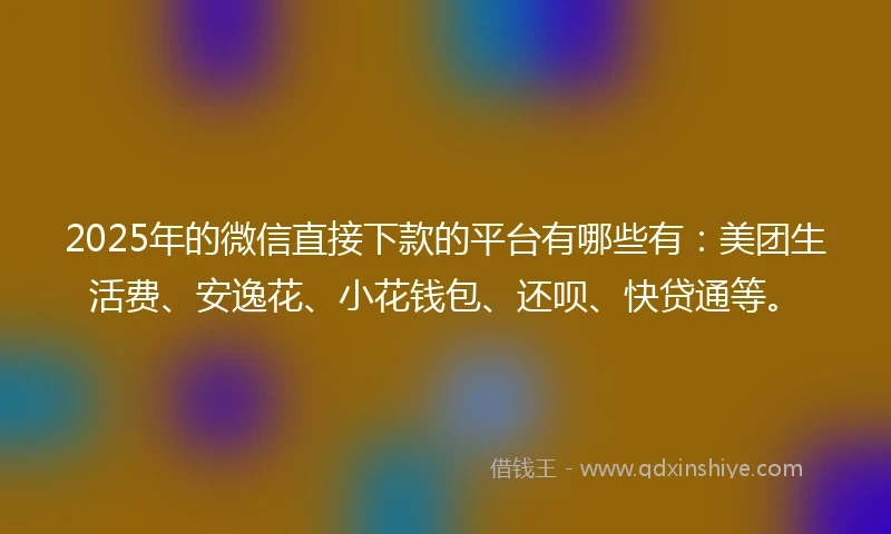 2025年的微信直接下款的平台有哪些有：美团生活费、安逸花、小花钱包、还呗、快贷通等。