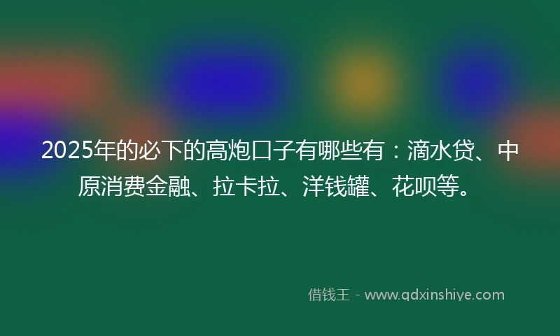 2025年的必下的高炮口子有哪些有：滴水贷、中原消费金融、拉卡拉、洋钱罐、花呗等。