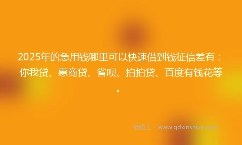 2025年的急用钱哪里可以快速借到钱征信差有：你我贷、惠商贷、省呗、拍拍贷、百度有钱花等。