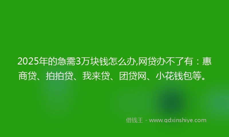 2025年的急需3万块钱怎么办,网贷办不了有：惠商贷、拍拍贷、我来贷、团贷网、小花钱包等。