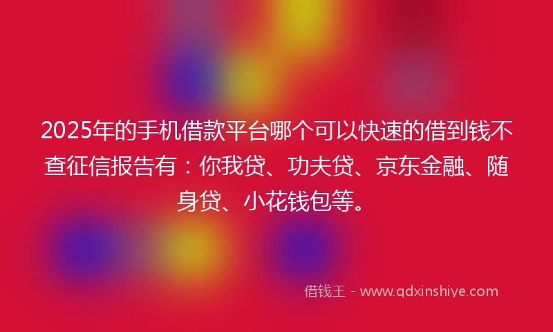 2025年的手机借款平台哪个可以快速的借到钱不查征信报告有：你我贷、功夫贷、京东金融、随身贷、小花钱包等。
