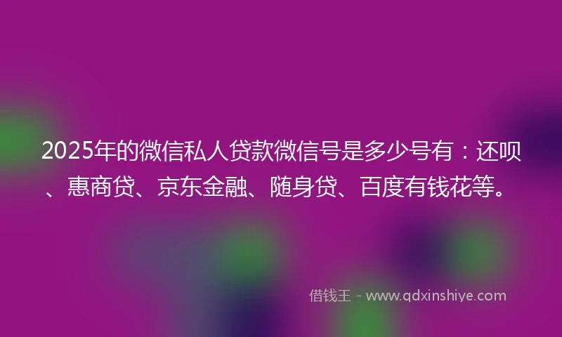 2025年的微信私人贷款微信号是多少号有：还呗、惠商贷、京东金融、随身贷、百度有钱花等。