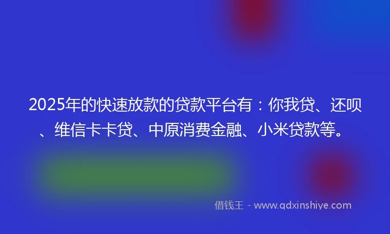 2025年的快速放款的贷款平台有：你我贷、还呗、维信卡卡贷、中原消费金融、小米贷款等。