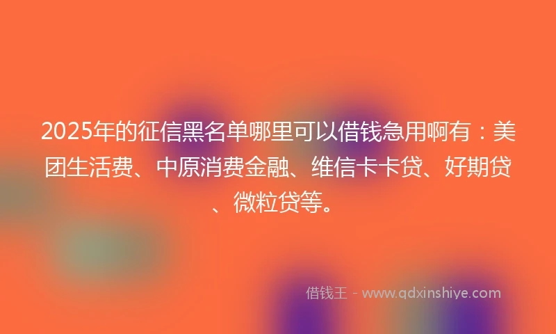 2025年的征信黑名单哪里可以借钱急用啊有:美团生活费、中原消费金融、维信卡卡贷、好期贷、微粒贷等。