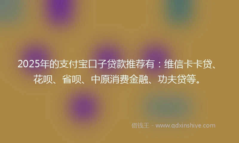 2025年的支付宝口子贷款推荐有：维信卡卡贷、花呗、省呗、中原消费金融、功夫贷等。