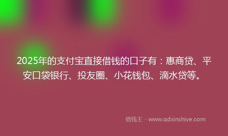 2025年的支付宝直接借钱的口子有：惠商贷、平安口袋银行、投友圈、小花钱包、滴水贷等。