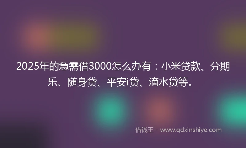 2025年的急需借3000怎么办有：小米贷款、分期乐、随身贷、平安i贷、滴水贷等。