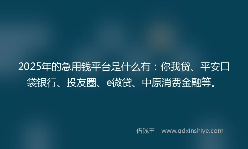 2025年的急用钱平台是什么有：你我贷、平安口袋银行、投友圈、e微贷、中原消费金融等。