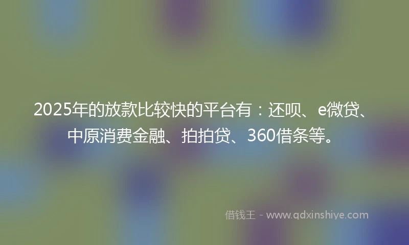 2025年的放款比较快的平台有：还呗、e微贷、中原消费金融、拍拍贷、360借条等。
