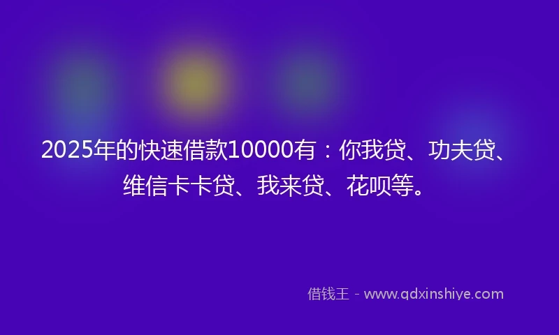 2025年的快速借款10000有：你我贷、功夫贷、维信卡卡贷、我来贷、花呗等。