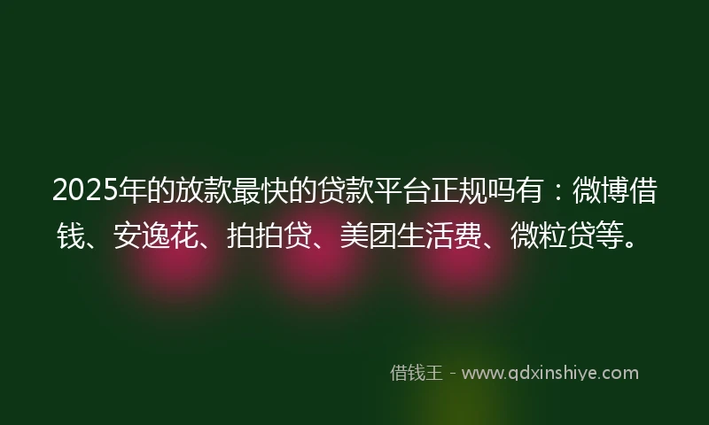 2025年的放款最快的贷款平台正规吗有：微博借钱、安逸花、拍拍贷、美团生活费、微粒贷等。