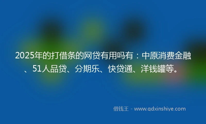 2025年的打借条的网贷有用吗有：中原消费金融、51人品贷、分期乐、快贷通、洋钱罐等。