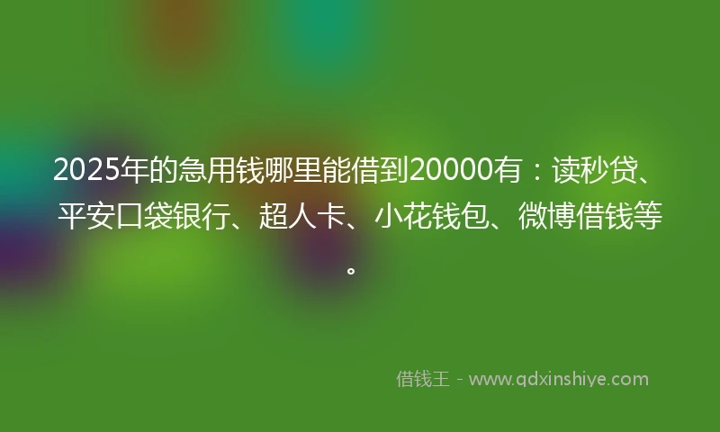2025年的急用钱哪里能借到20000有：读秒贷、平安口袋银行、超人卡、小花钱包、微博借钱等。