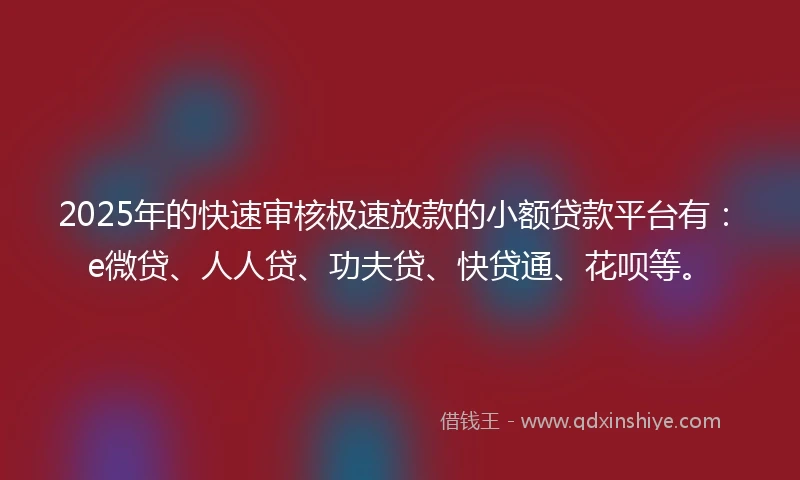 2025年的快速审核极速放款的小额贷款平台有：e微贷、人人贷、功夫贷、快贷通、花呗等。