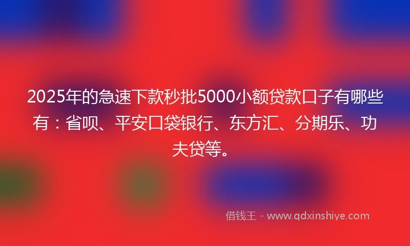 2025年的急速下款秒批5000小额贷款口子有哪些有：省呗、平安口袋银行、东方汇、分期乐、功夫贷等。