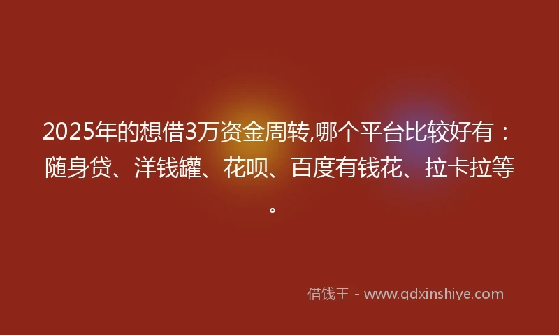 2025年的想借3万资金周转,哪个平台比较好有：随身贷、洋钱罐、花呗、百度有钱花、拉卡拉等。