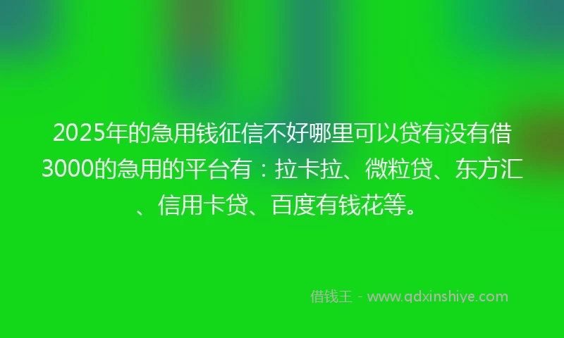 2025年的急用钱征信不好哪里可以贷有没有借3000的急用的平台有：拉卡拉、微粒贷、东方汇、信用卡贷、百度有钱花等。