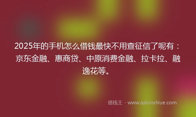 2025年的手机怎么借钱最快不用查征信了呢有：京东金融、惠商贷、中原消费金融、拉卡拉、融逸花等。