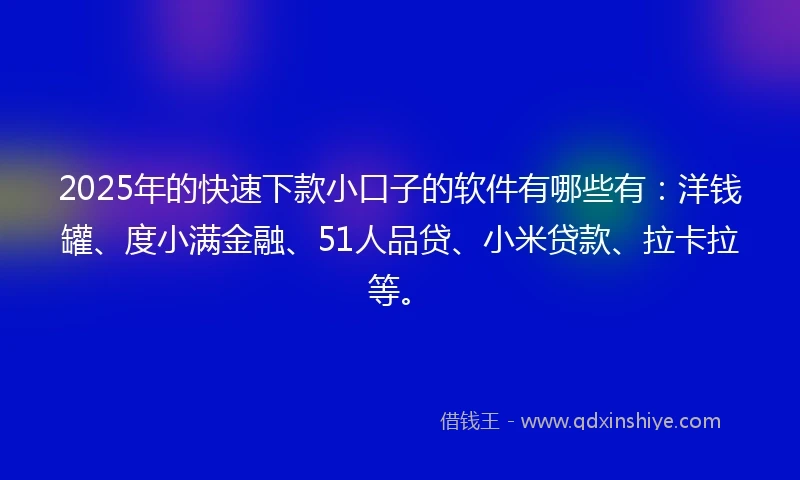 2025年的快速下款小口子的软件有哪些有：洋钱罐、度小满金融、51人品贷、小米贷款、拉卡拉等。