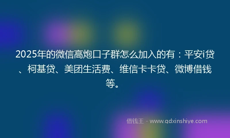 2025年的微信高炮口子群怎么加入的有：平安i贷、柯基贷、美团生活费、维信卡卡贷、微博借钱等。