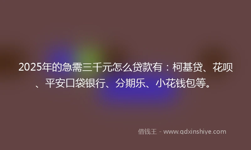 2025年的急需三千元怎么贷款有：柯基贷、花呗、平安口袋银行、分期乐、小花钱包等。