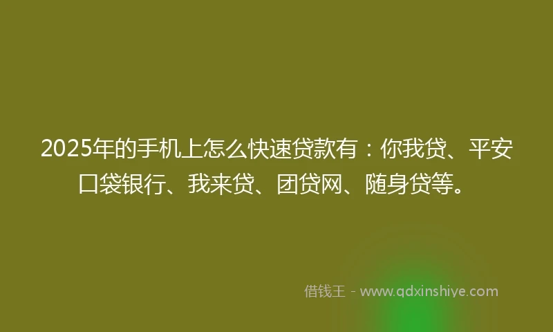 2025年的手机上怎么快速贷款有：你我贷、平安口袋银行、我来贷、团贷网、随身贷等。