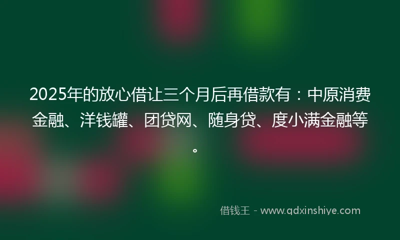 2025年的放心借让三个月后再借款有：中原消费金融、洋钱罐、团贷网、随身贷、度小满金融等。