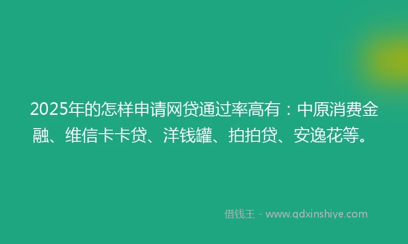 2025年的怎样申请网贷通过率高有：中原消费金融、维信卡卡贷、洋钱罐、拍拍贷、安逸花等。