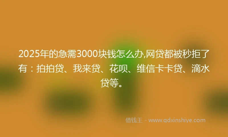 2025年的急需3000块钱怎么办,网贷都被秒拒了有：拍拍贷、我来贷、花呗、维信卡卡贷、滴水贷等。