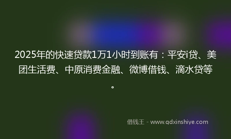 2025年的快速贷款1万1小时到账有：平安i贷、美团生活费、中原消费金融、微博借钱、滴水贷等。