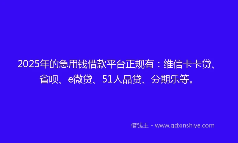 2025年的急用钱借款平台正规有：维信卡卡贷、省呗、e微贷、51人品贷、分期乐等。