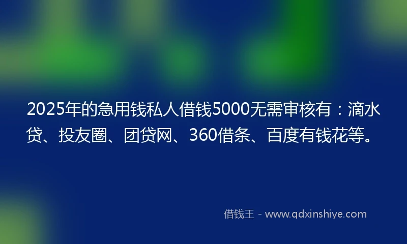 2025年的急用钱私人借钱5000无需审核有：滴水贷、投友圈、团贷网、360借条、百度有钱花等。