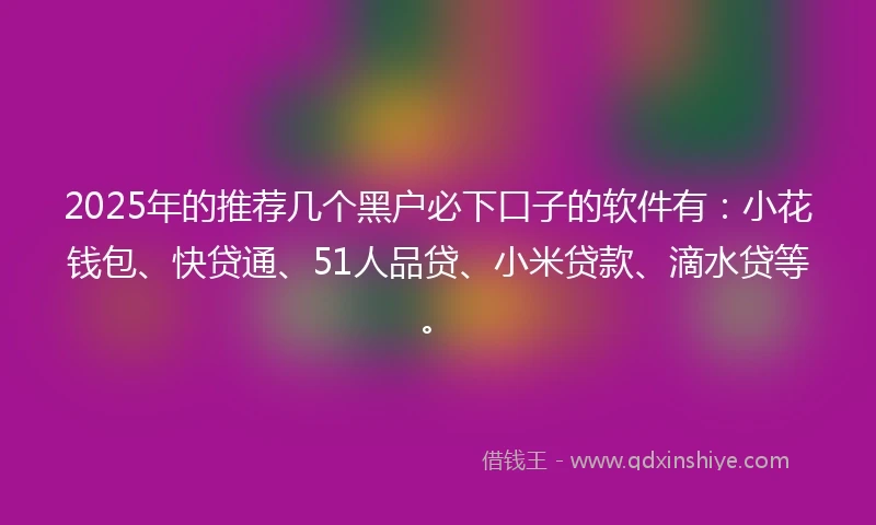 2025年的推荐几个黑户必下口子的软件有：小花钱包、快贷通、51人品贷、小米贷款、滴水贷等。