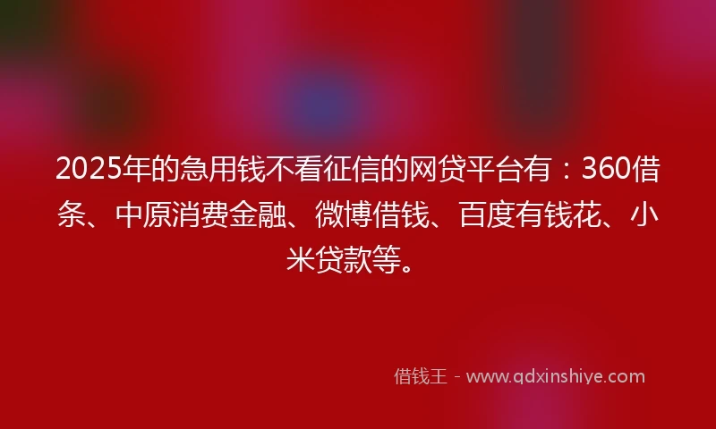 2025年的急用钱不看征信的网贷平台有：360借条、中原消费金融、微博借钱、百度有钱花、小米贷款等。