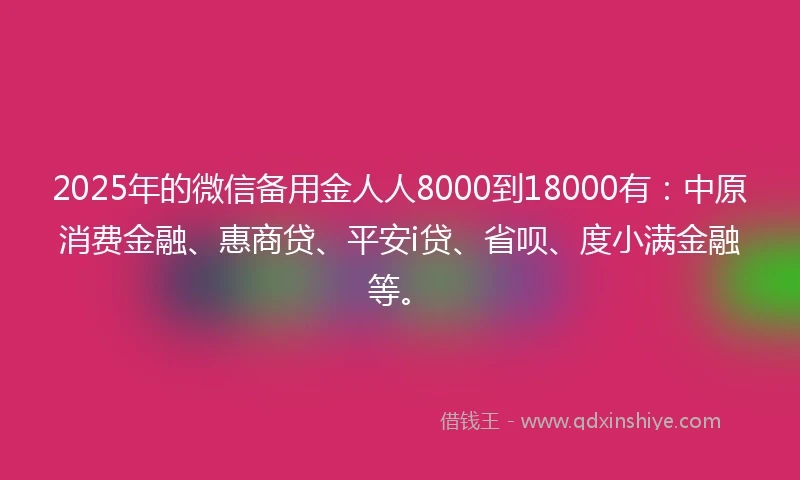 2025年的微信备用金人人8000到18000有：中原消费金融、惠商贷、平安i贷、省呗、度小满金融等。