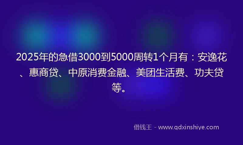 2025年的急借3000到5000周转1个月有：安逸花、惠商贷、中原消费金融、美团生活费、功夫贷等。