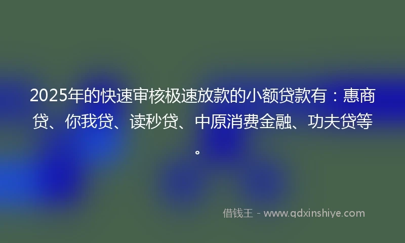 2025年的快速审核极速放款的小额贷款有：惠商贷、你我贷、读秒贷、中原消费金融、功夫贷等。