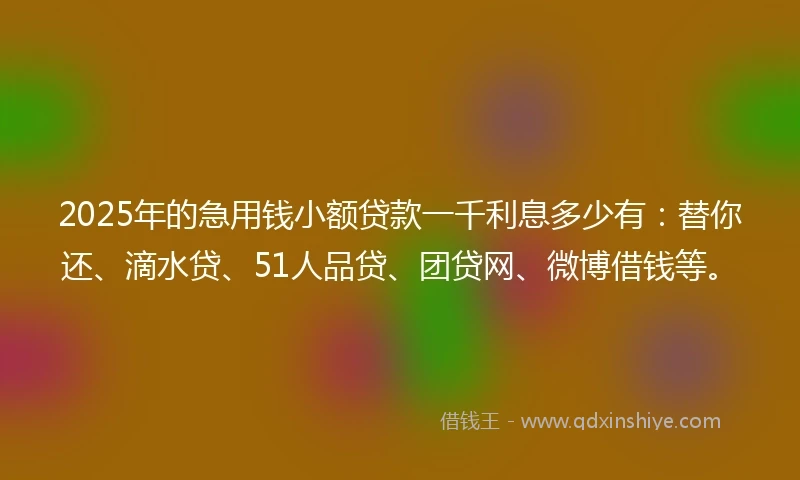 2025年的急用钱小额贷款一千利息多少有：替你还、滴水贷、51人品贷、团贷网、微博借钱等。