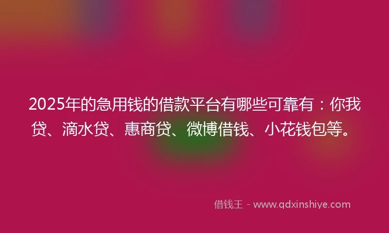 2025年的急用钱的借款平台有哪些可靠有：你我贷、滴水贷、惠商贷、微博借钱、小花钱包等。