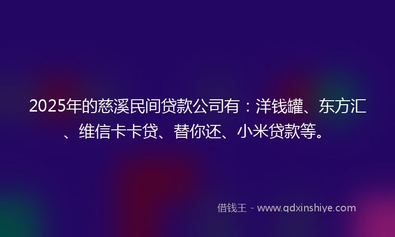 2025年的慈溪民间贷款公司有：洋钱罐、东方汇、维信卡卡贷、替你还、小米贷款等。