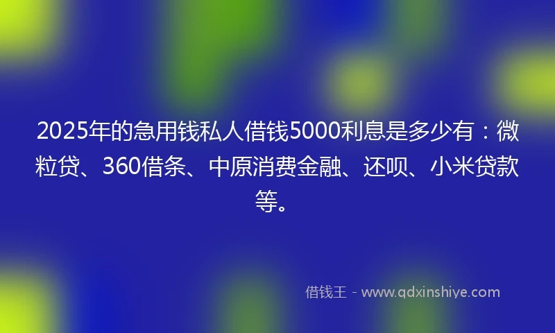 2025年的急用钱私人借钱5000利息是多少有：微粒贷、360借条、中原消费金融、还呗、小米贷款等。