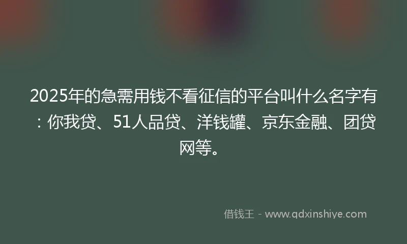 2025年的急需用钱不看征信的平台叫什么名字有：你我贷、51人品贷、洋钱罐、京东金融、团贷网等。
